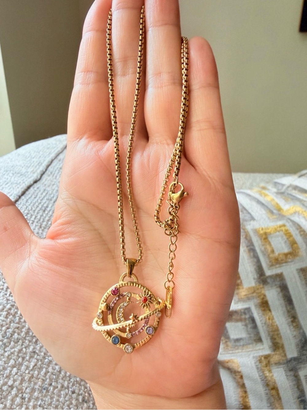 18K Gold Plated Stainless Steel Pendant Necklace with Multicolor Stones - Picture 4 of 4